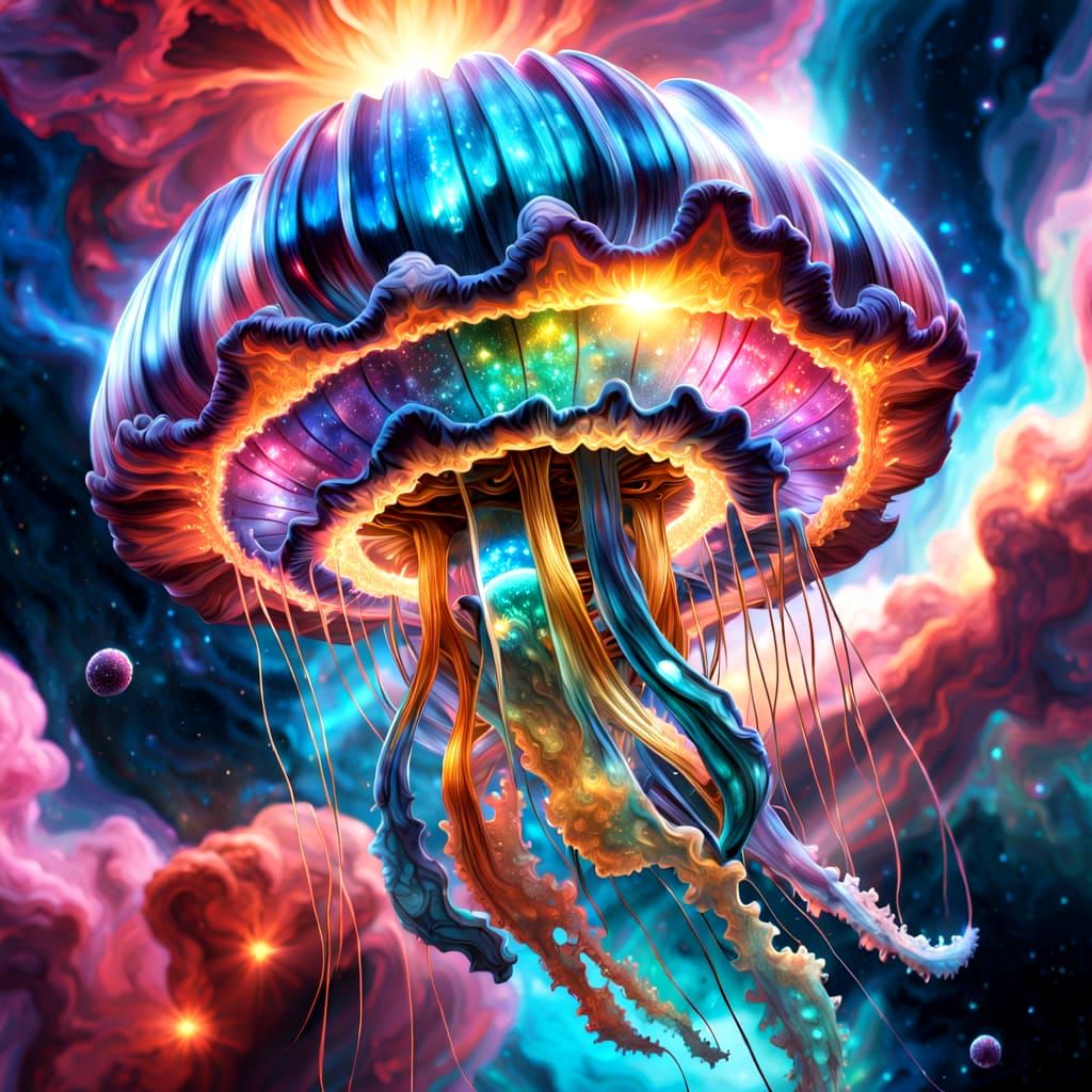 Cosmic Jellyfish in a Vibrant Nebula