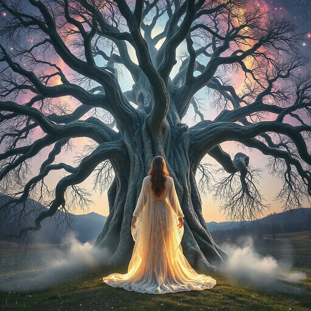 Mystical Priestess Under Cosmic Willow Tree