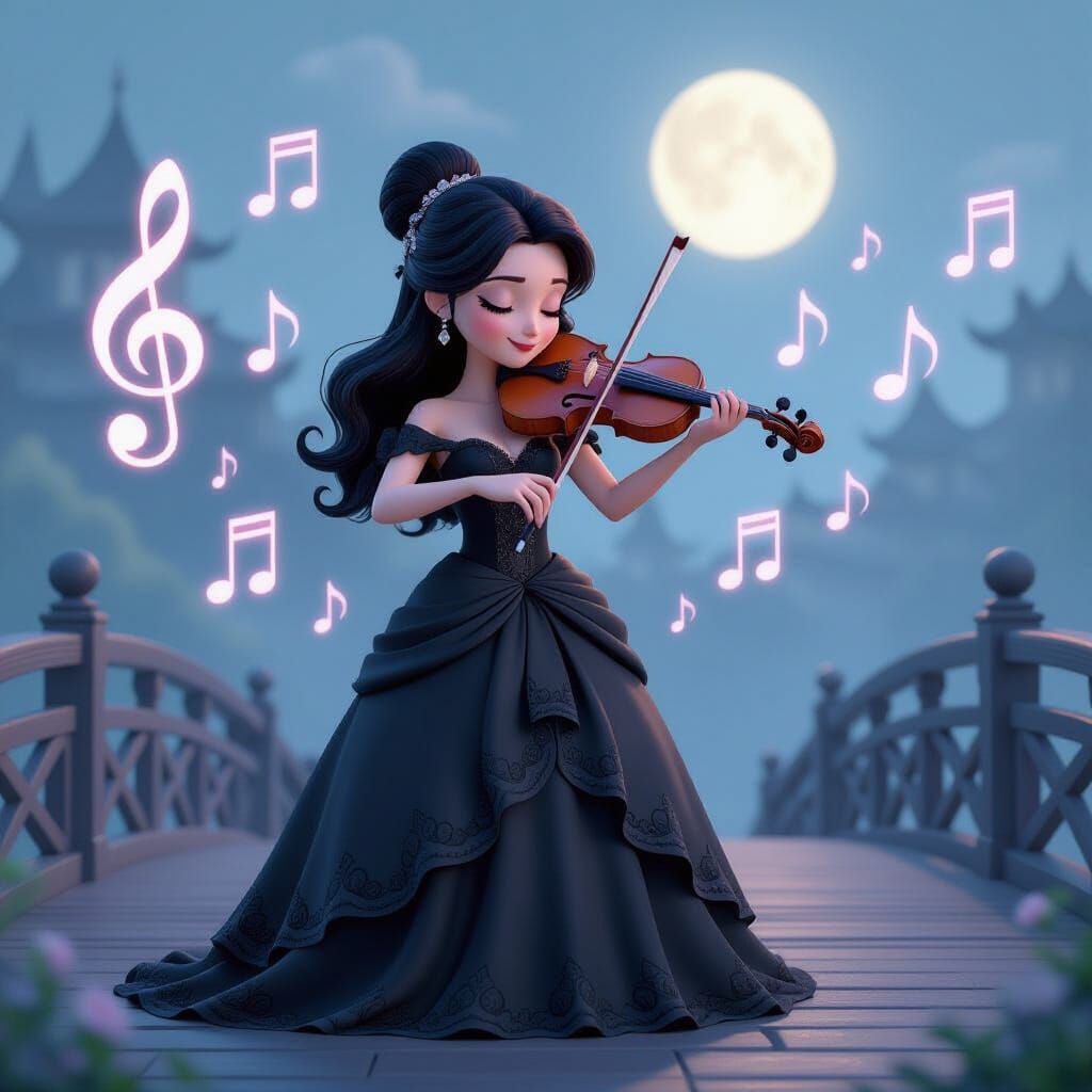 Girl Playing Violin on Bridge in Pixar Style