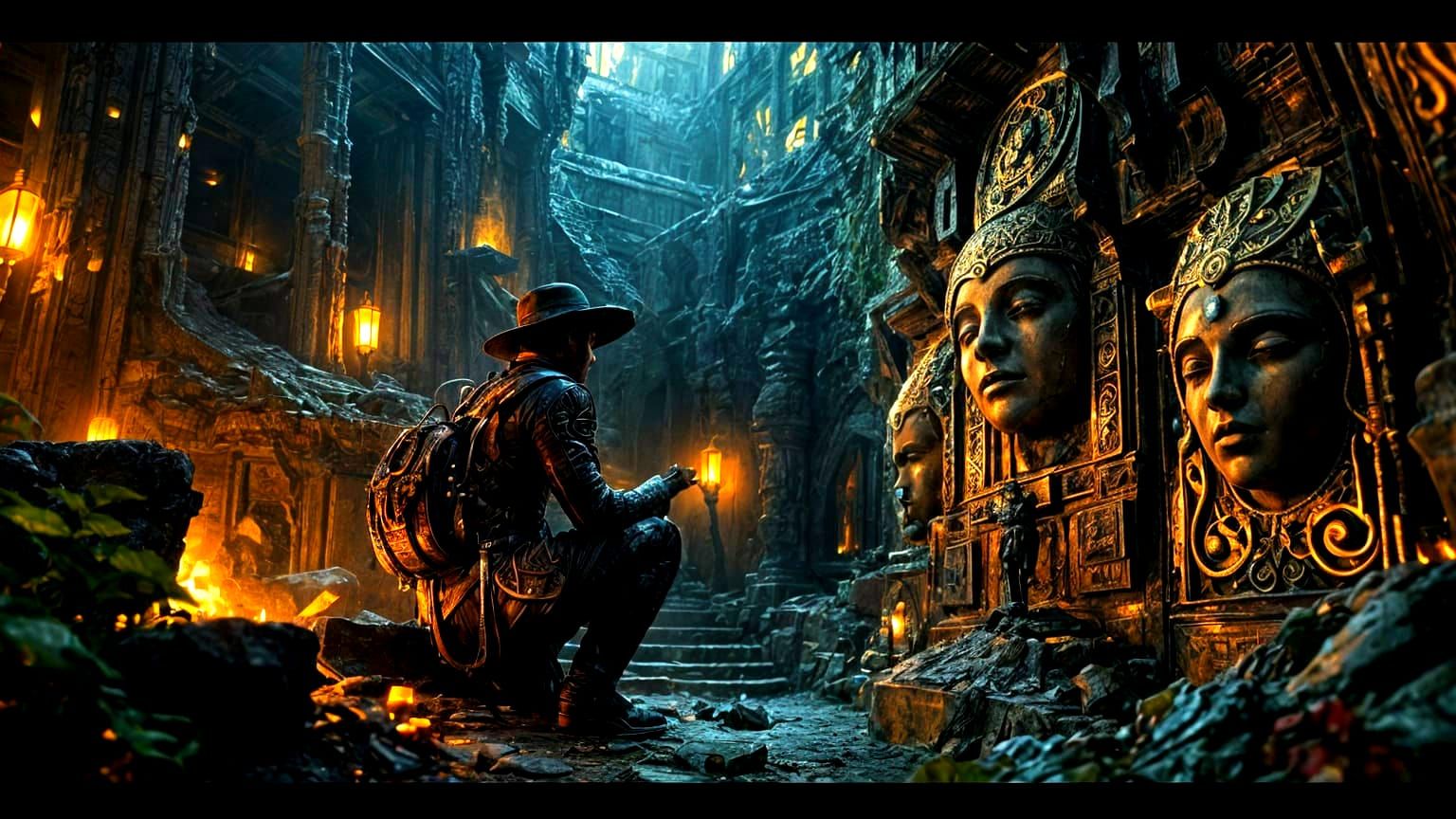 Retro VHS Ruin with Petroglyphs and Ancient Structure