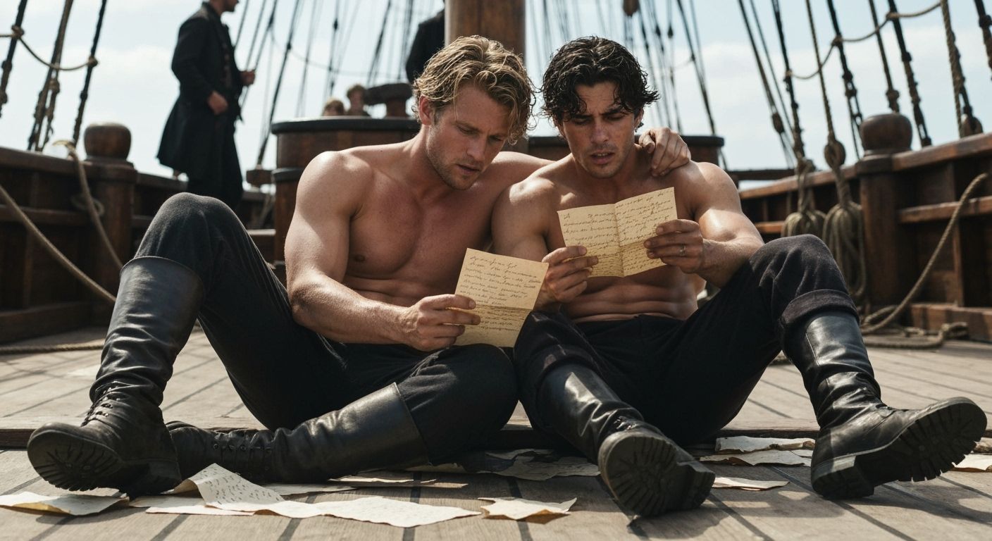 Muscular Men Embrace on Sail Ship Deck Reading Letters