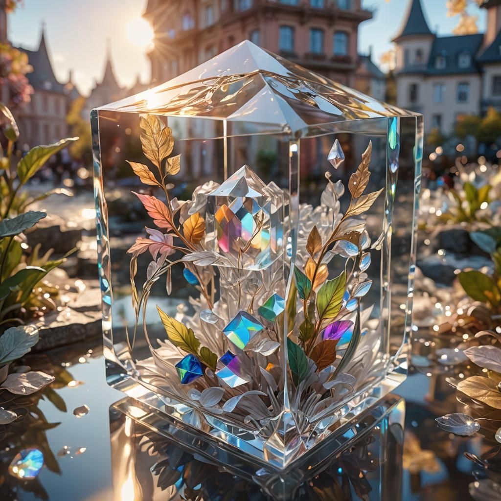 Crystal Cube with Rainbow Highlights in Art Nouveau Style