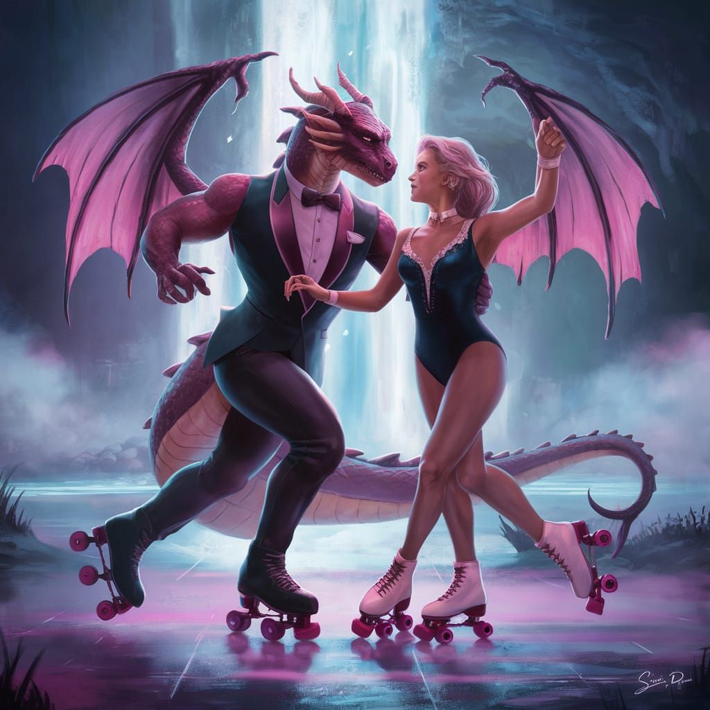 Human-Dragon Couple Dancing in a Neon Landscape