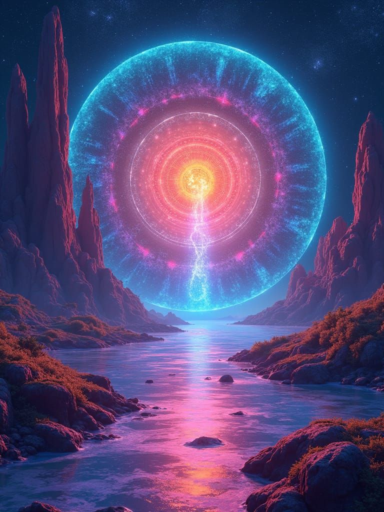 Futuristic Portal in Starry Night Sky, Psychedelic Dreamscap...