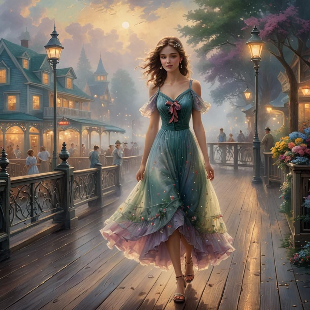 Woman in Sundress: Ethereal Fantasy Boardwalk Scene