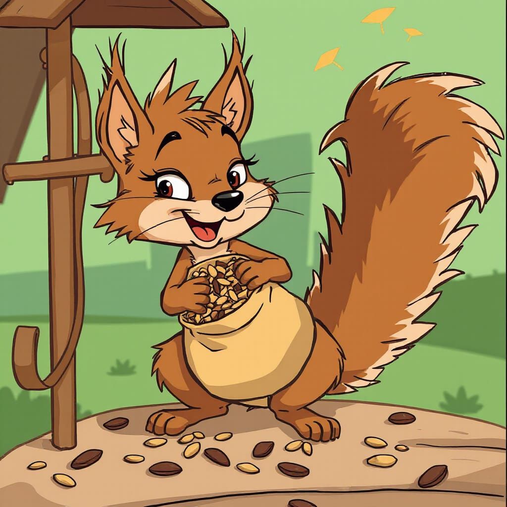 Cartoon Squirrel Stealing Birdseed for its Bag
