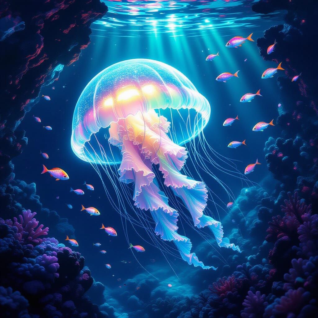 Bioluminescent Jellyfish Drifting Through Alien Coral Reef