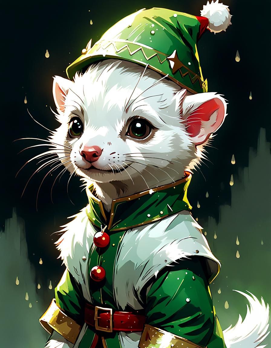 Adorable White Ferret in Christmas Elf Outfit Digital Art