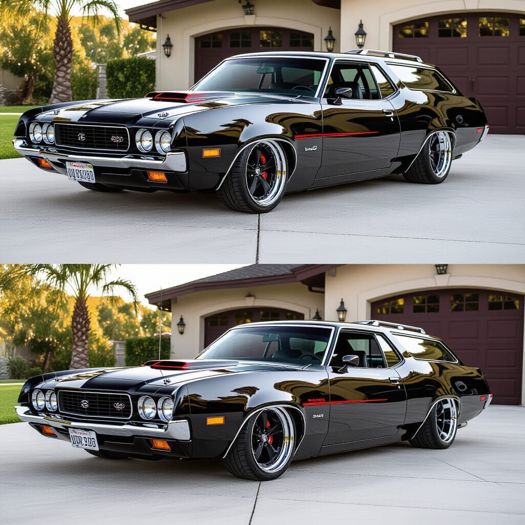 1972 Gran Torino station wagon 
Resto mod rod 
Lowered bagged chopped sleek
Black on black on black 
with red pin stripp...
