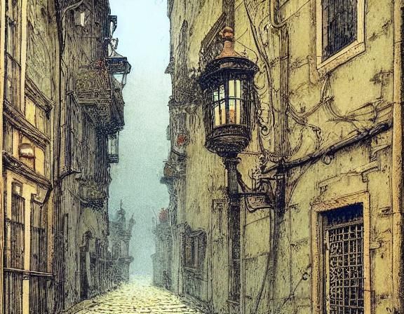 Portuguese Alley Scene: Victorian Era Detailed Painting