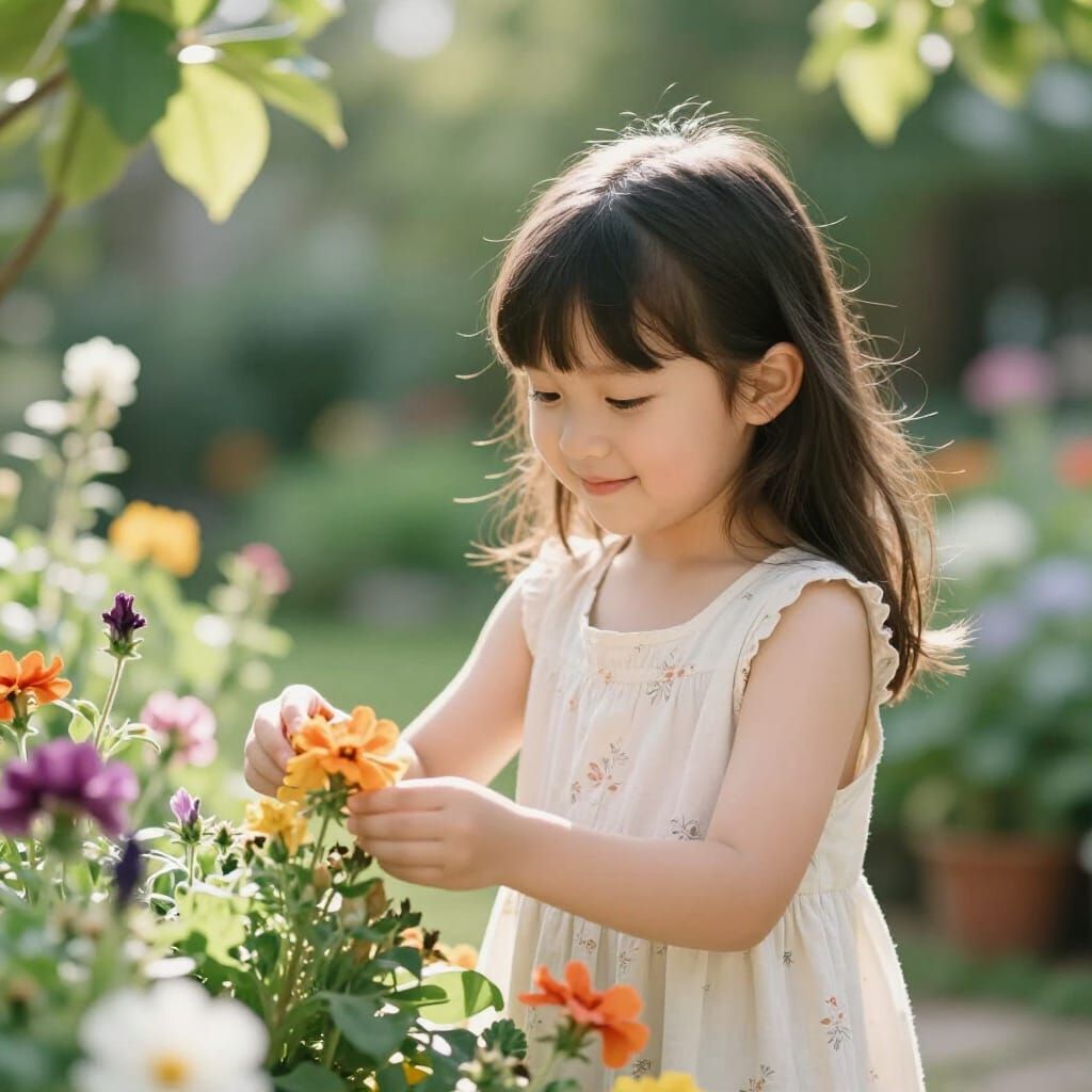 Cute Girl Tending Flowers in Sunny Garden