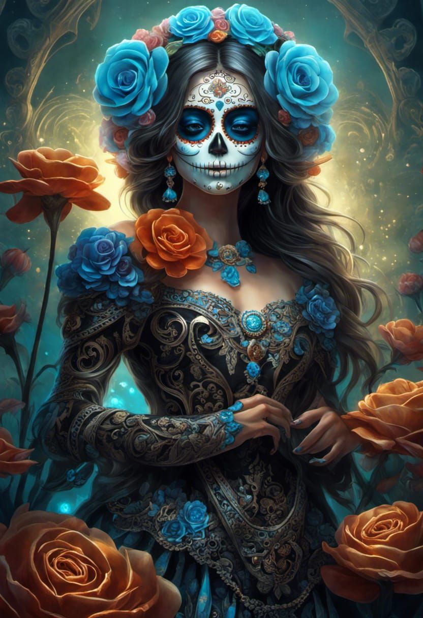 Intricate Catrina with Bioluminescent Skull Field