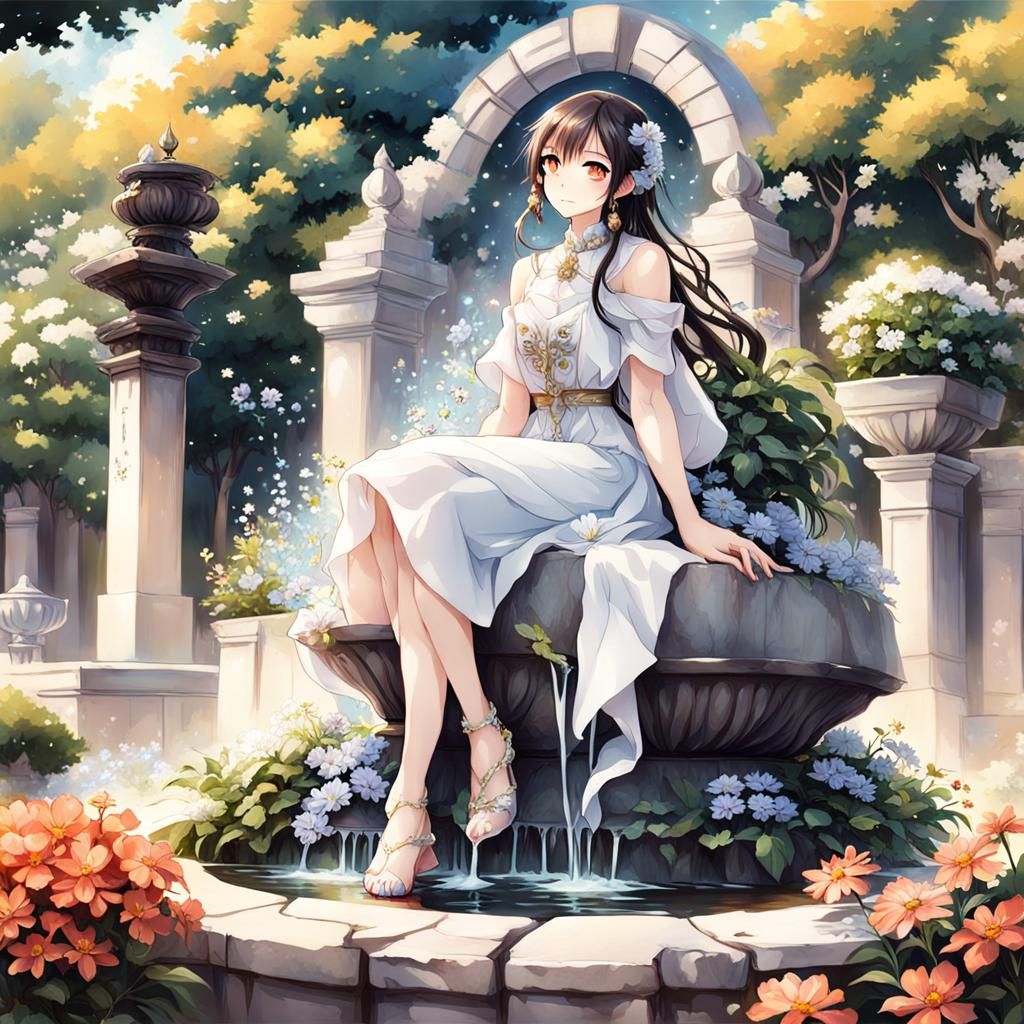 Beautiful Girl on Fountain in Anime Style