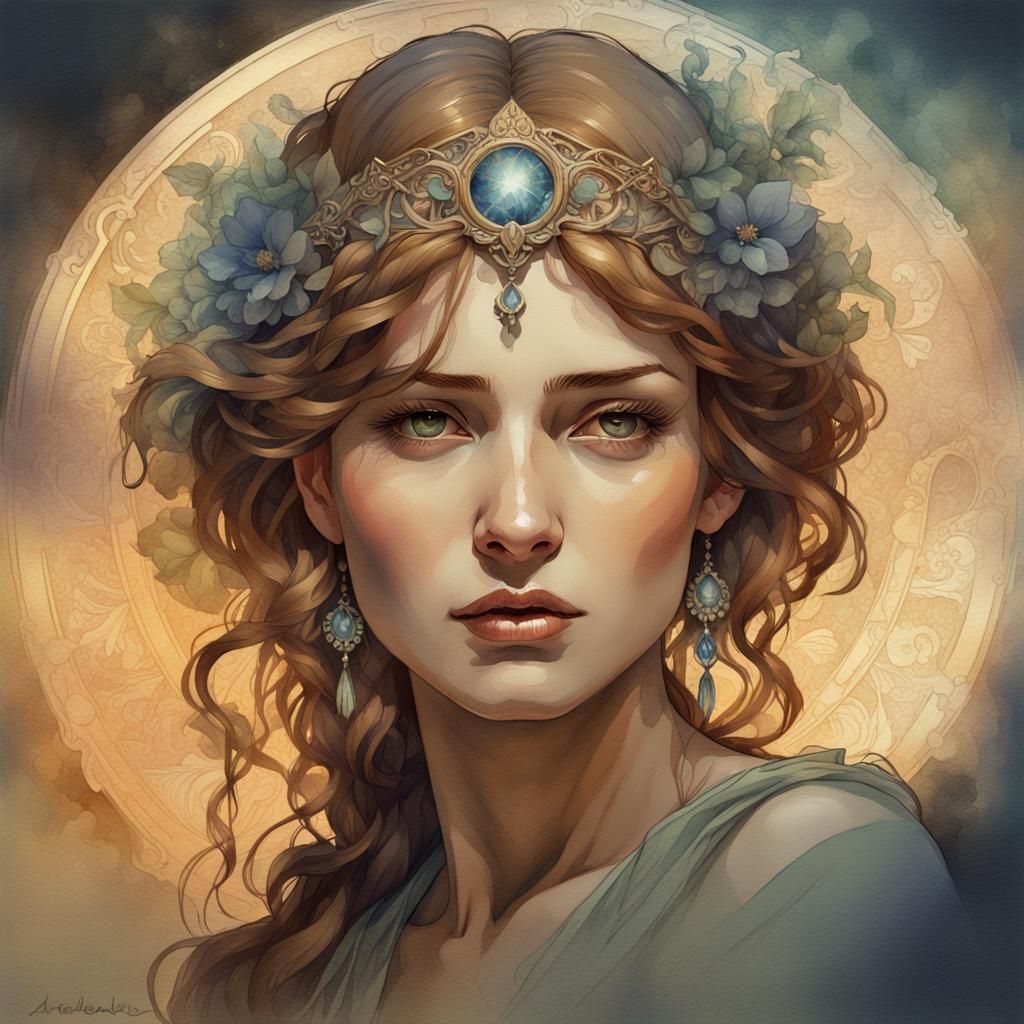 Mystic Woman Portrait in Watercolour Technique