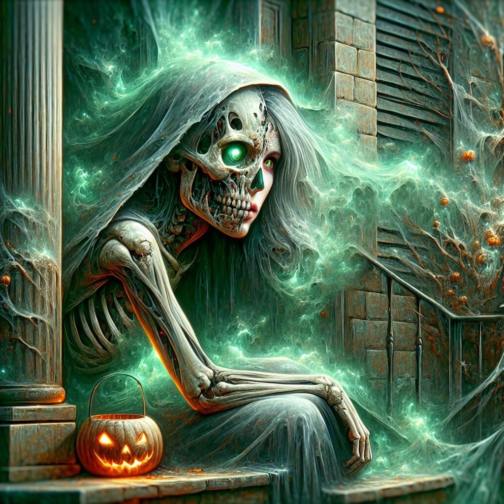 Eerie Half-Skeleton Witch Awaits Halloween Trick-or-Treaters