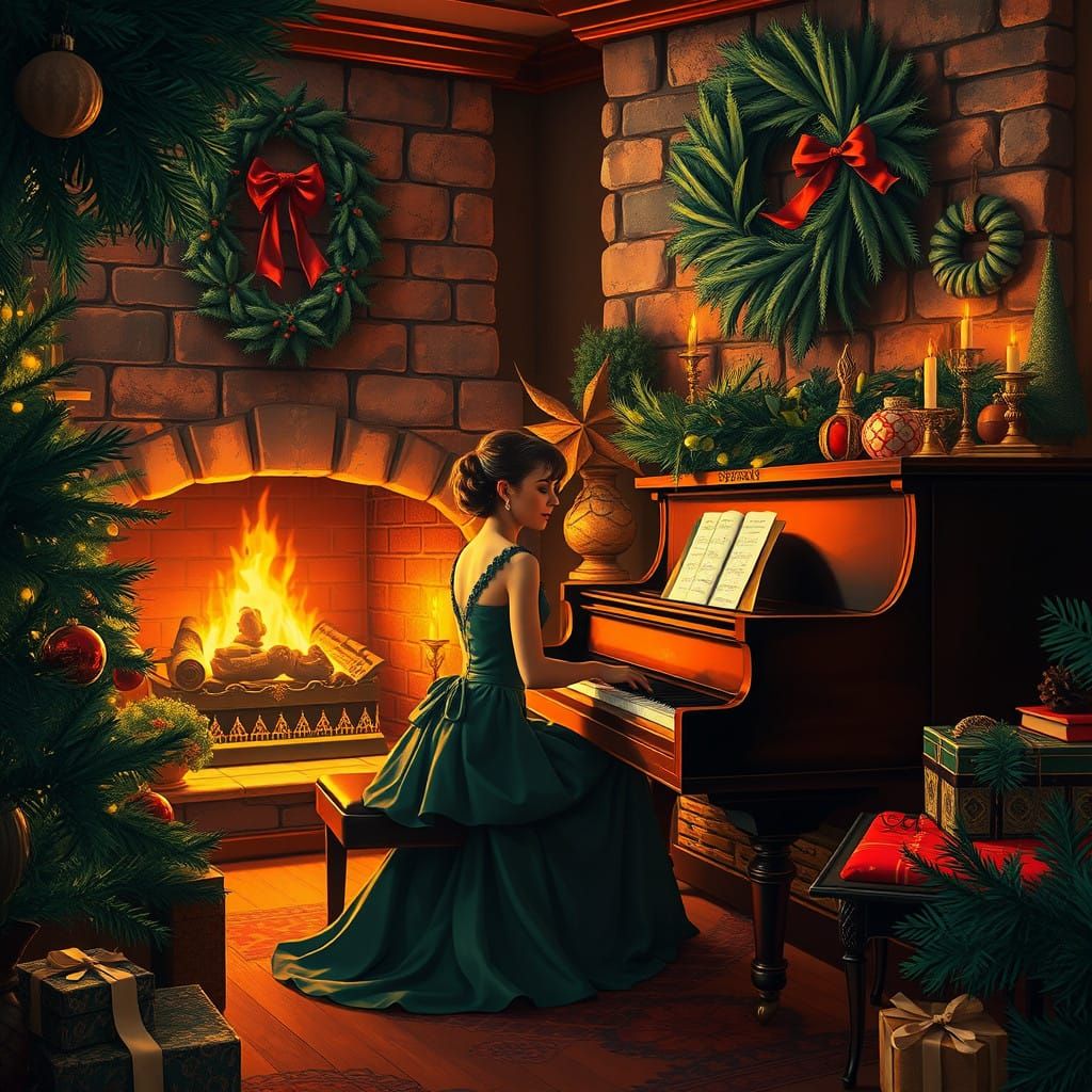 Vintage Christmas Party Scene with Elegant Woman and Roaring...