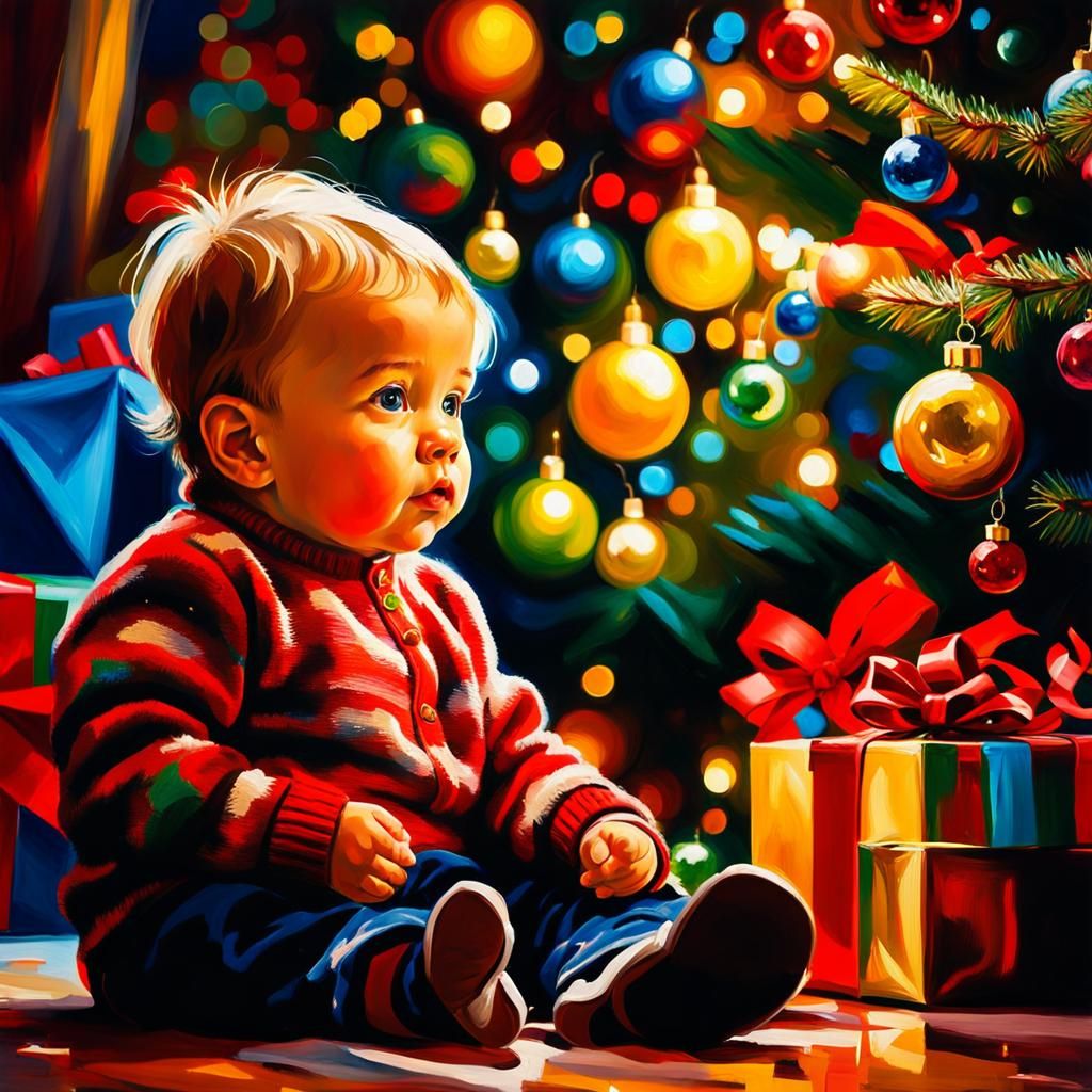 Toddler's First Christmas: An Impasto Oil Painting