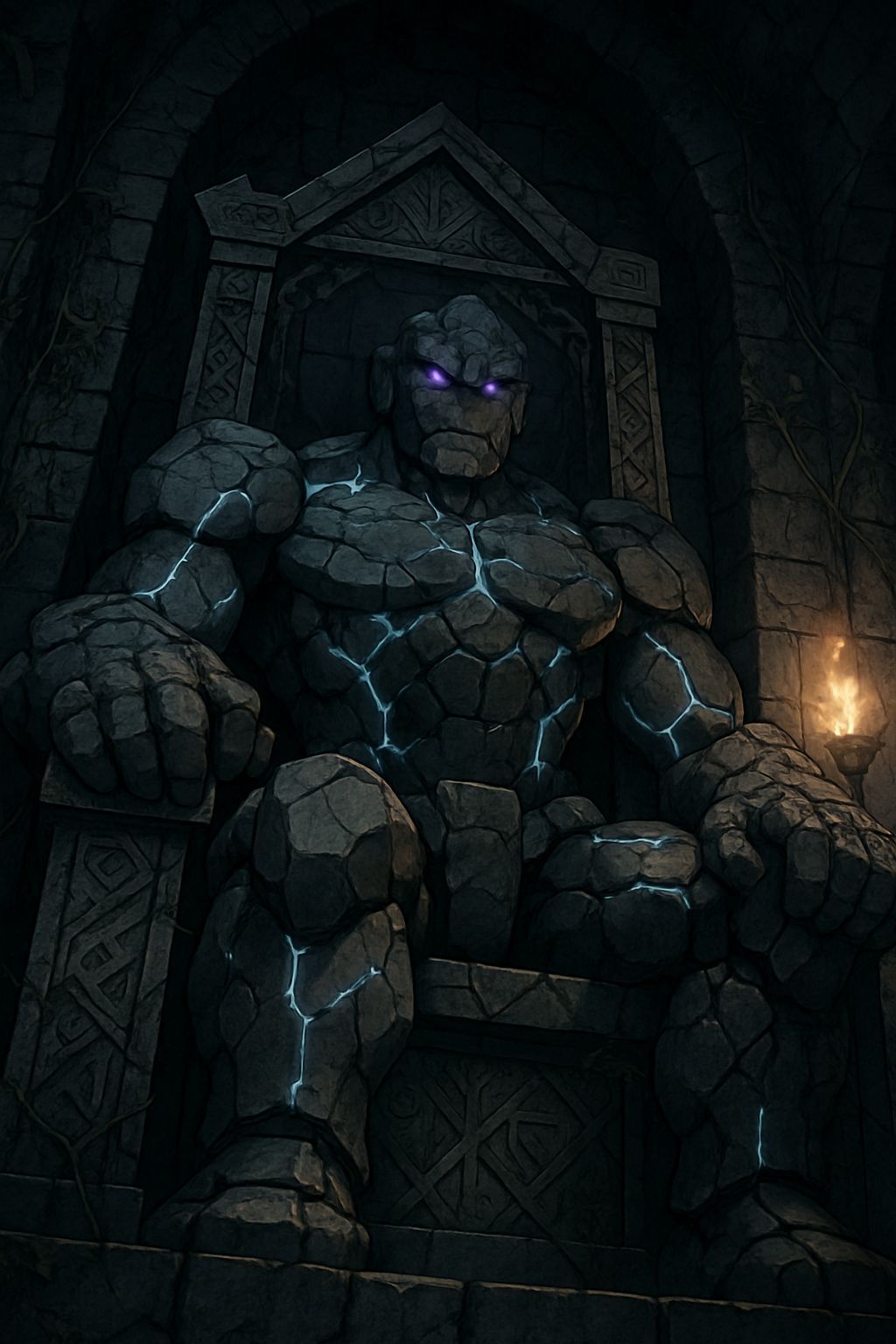 Golem King on Dungeon Throne in Anime Style