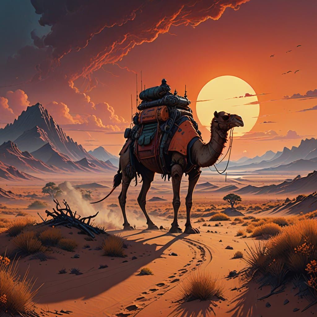 Majestic Camel and Rider Against Blazing Desert Sky
