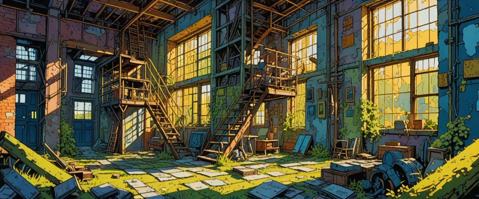 Abandoned Factories in Comic Book Watercolor Style