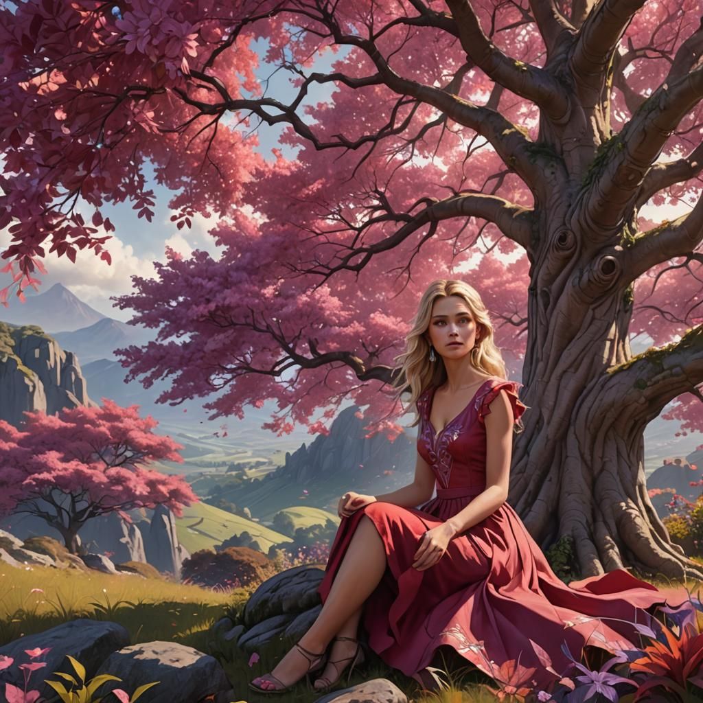 Girl in Red Dress Under Colorful Tree: Color Pencil Art