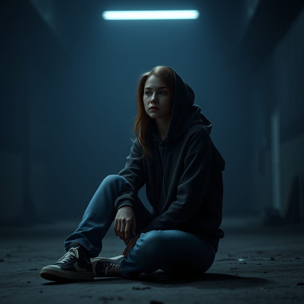 Solitary Young Woman in Dimly Lit, Realistic Scene