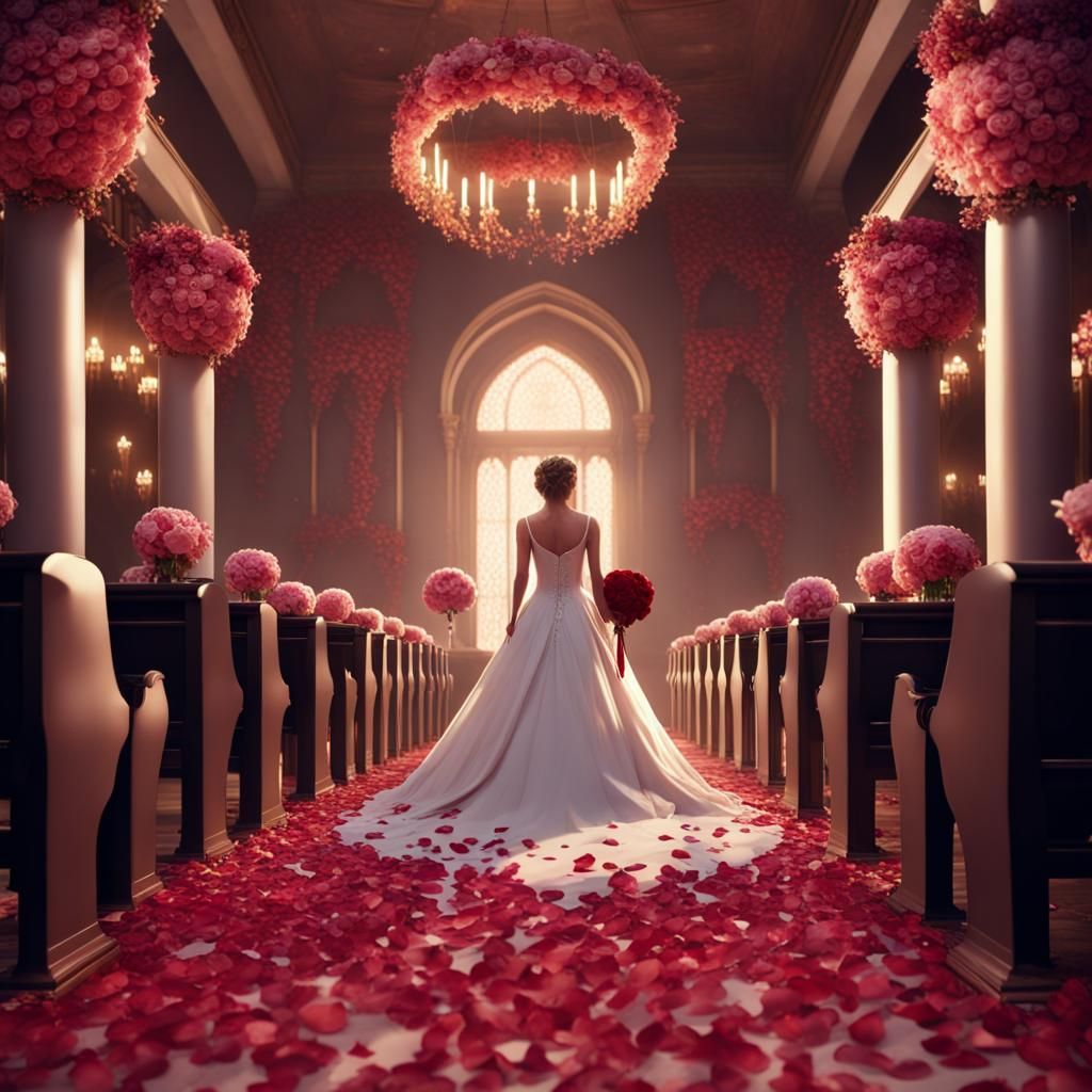 Bride Awaits Amidst Rose Petals: Detailed Fantasy Art