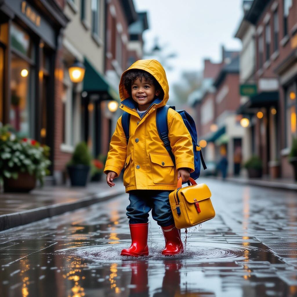 Joyful Black Boy Splashing in Puddle, Small Town Scene