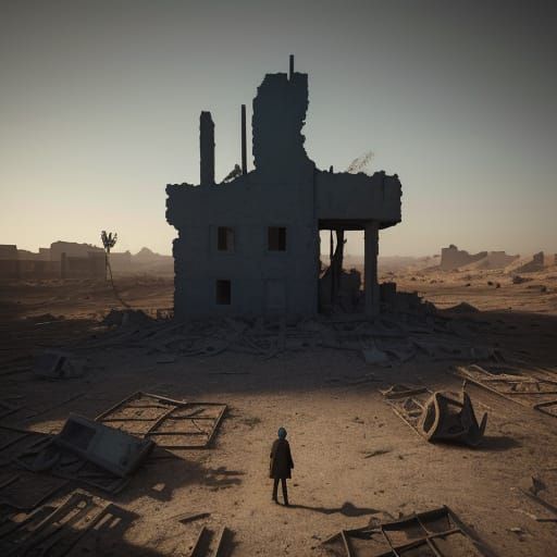 Eerie Dystopian Landscape with Children in Golden Hour Glow