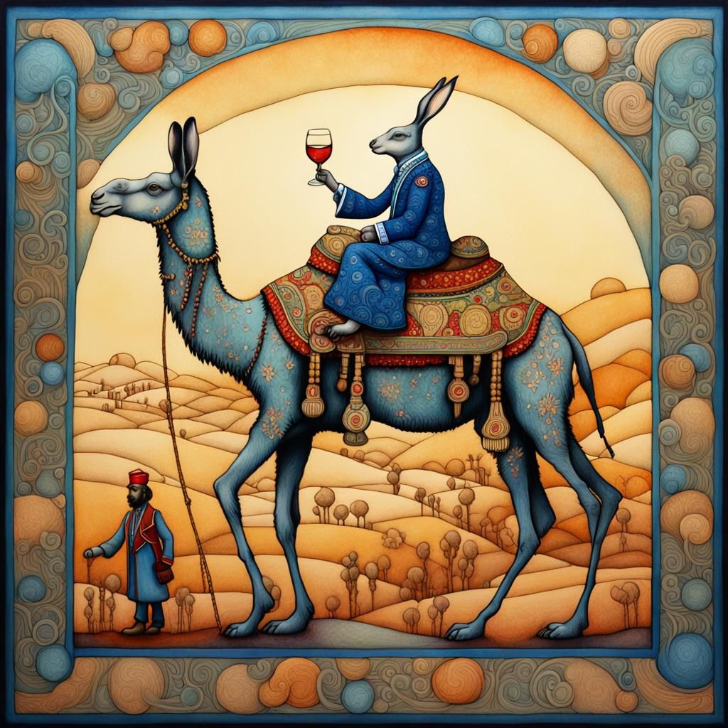 Anthropomorphic Rabbit Rides Camel in Casablanca