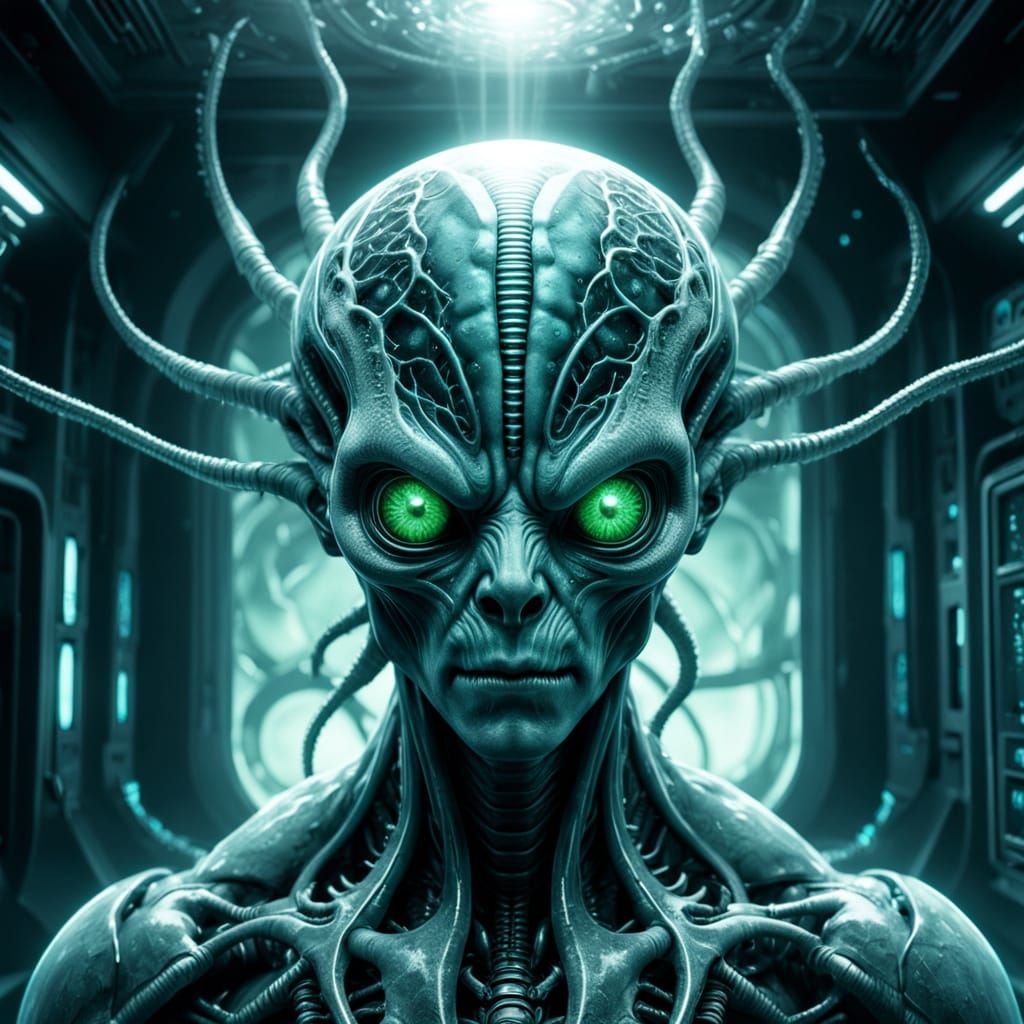 Ethereal Biomechanical Alien in Cryogenic Chamber