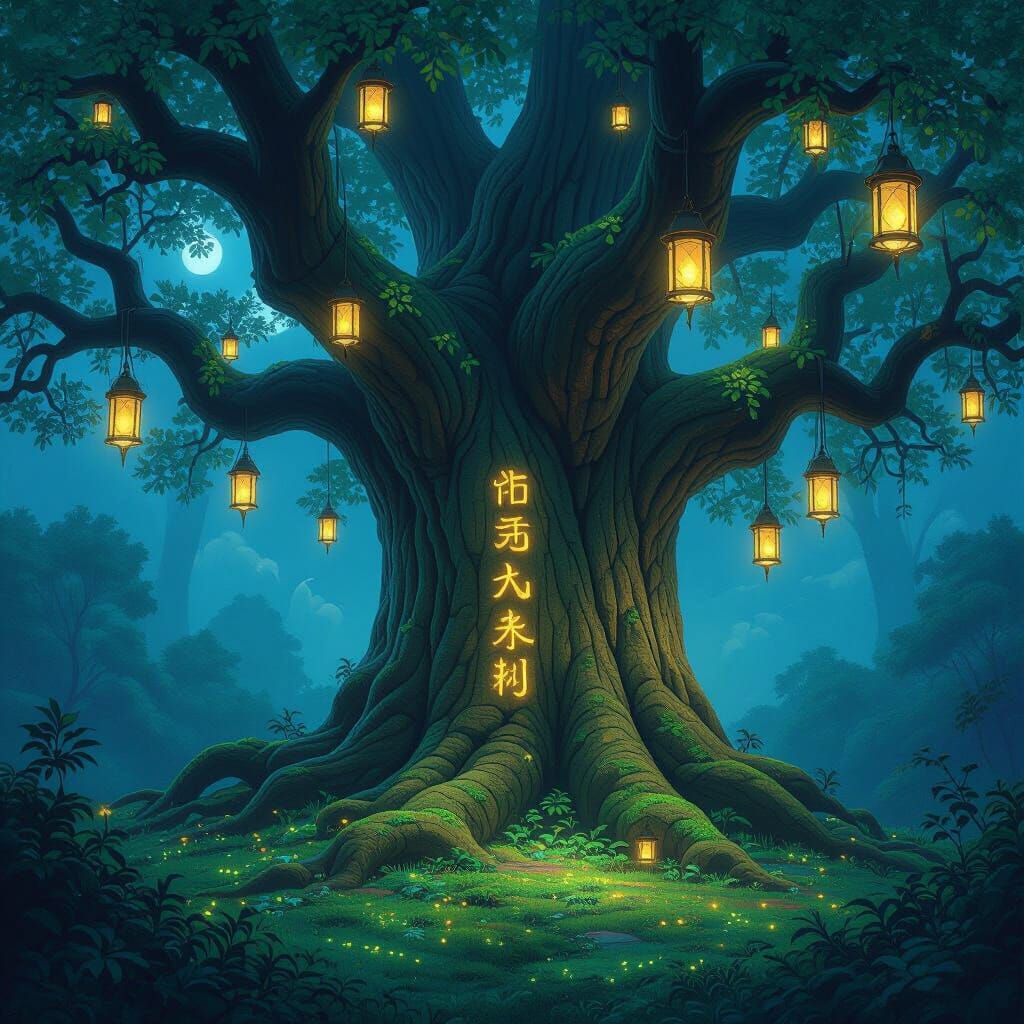 Mystical Tree with Glowing Lanterns in Ghibli Style