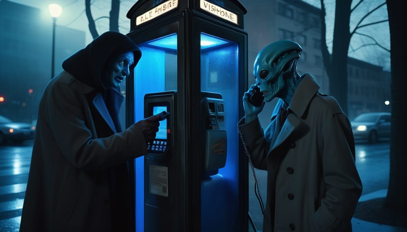 Alien Denied Change at Payphone in Ominous Blue Tones