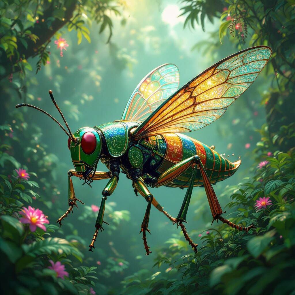 Iridescent Robot Grasshopper in Bioluminescent Jungle