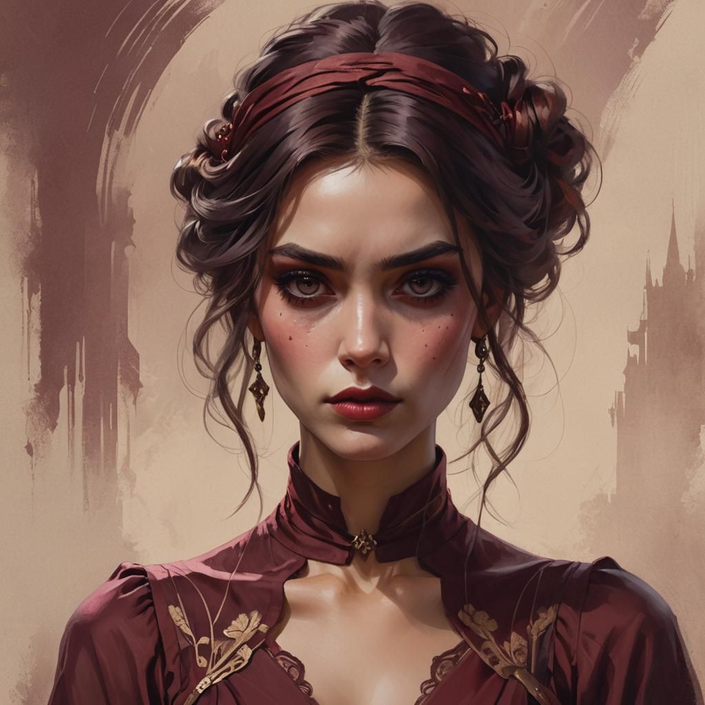 Bohemian Portrait with Maroon Makeup, Hyperdetailed Art