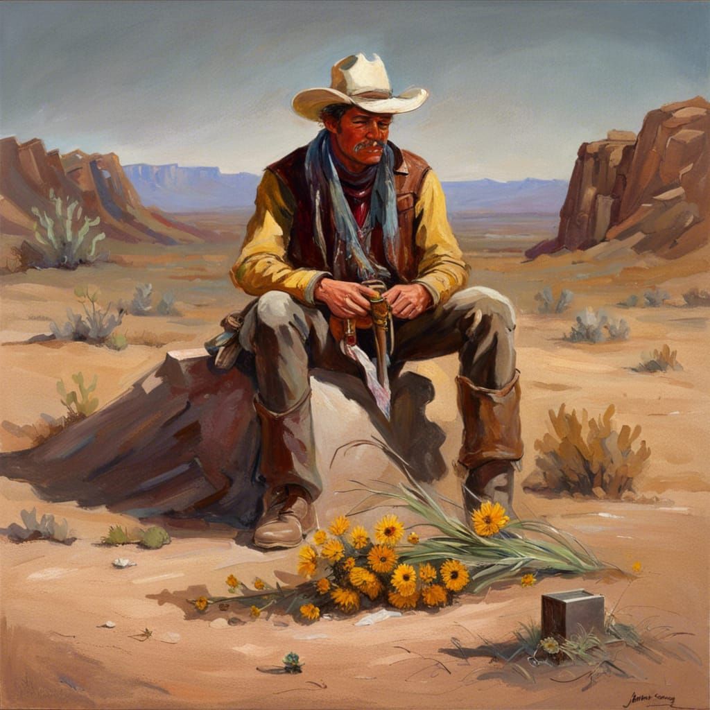Cowboy's Desert Grief: An Oil Painting