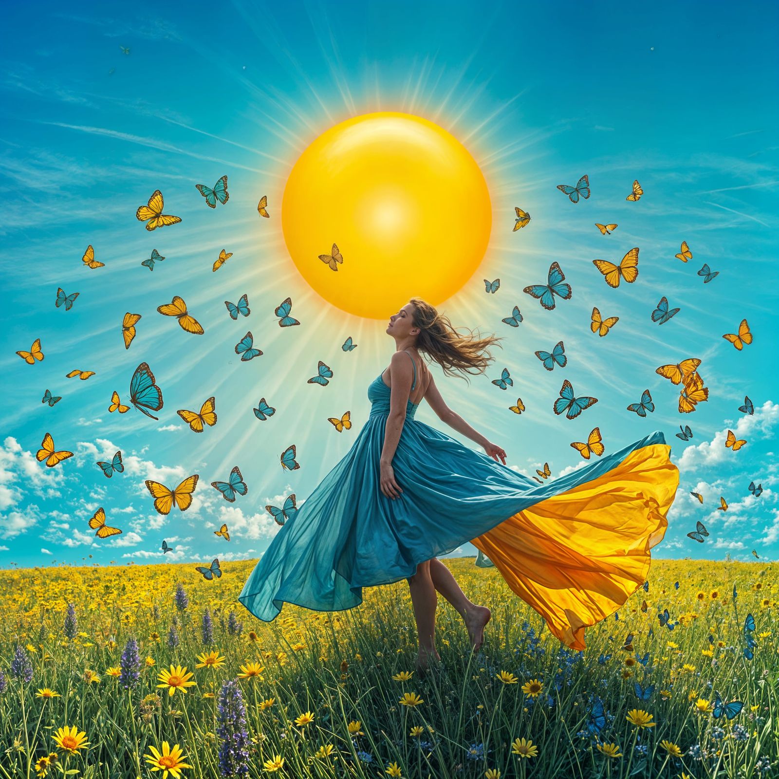 Surreal Meadow Scene with Woman in Van Gogh Style