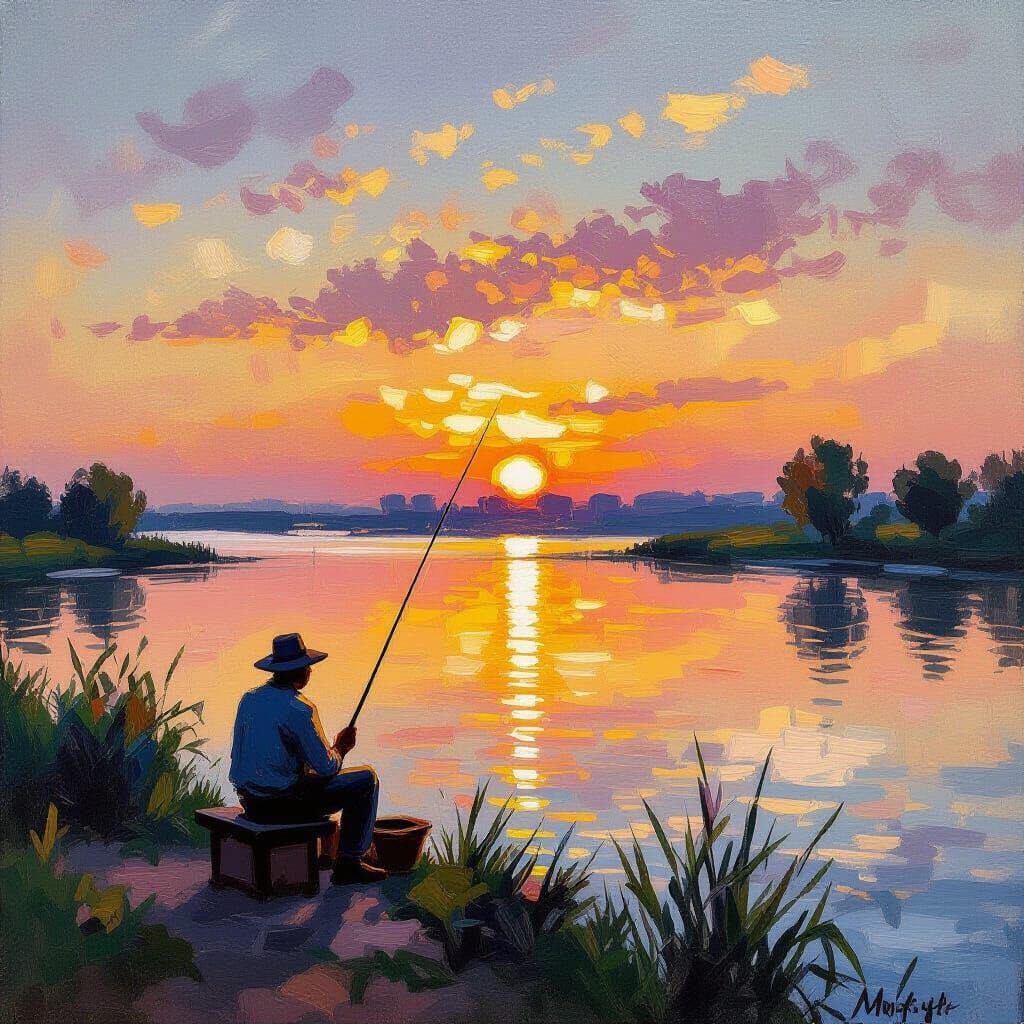 Serene Sunset Riverside with Fisherman, Impressionistic Oil ...