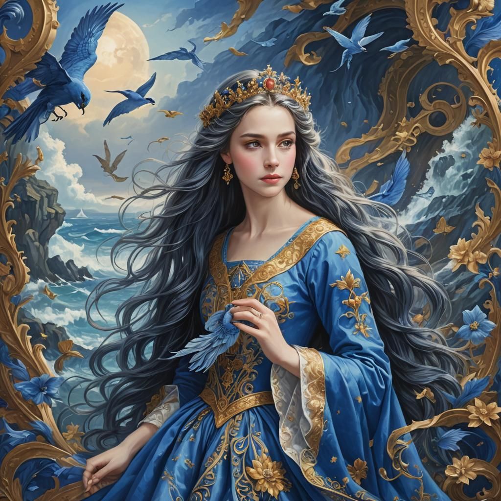 Fairy Child with Royal Blue Hair and Sea Backdrop