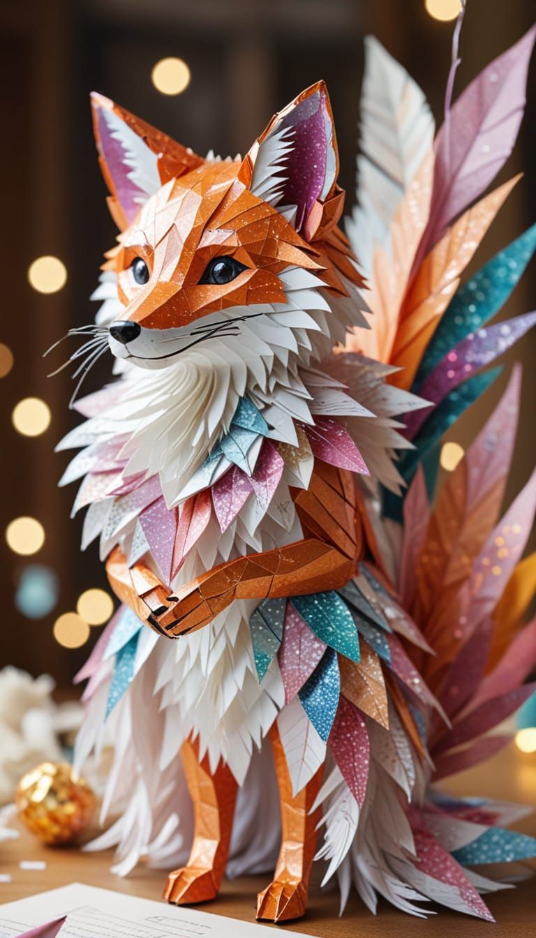 Whimsical Papercraft Fox in Sparkling Sequined Dress