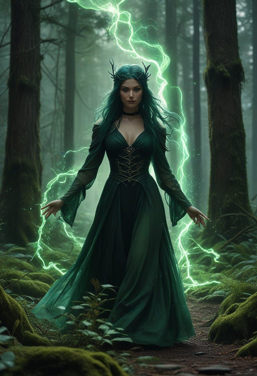 Ethereal Sorceress Embodies Enchanted Forest in Vibrant Gree...