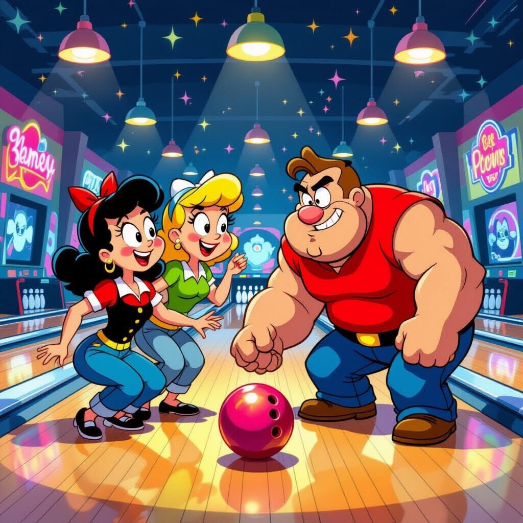 Popeye and Friends Bowling in Cartoon Style