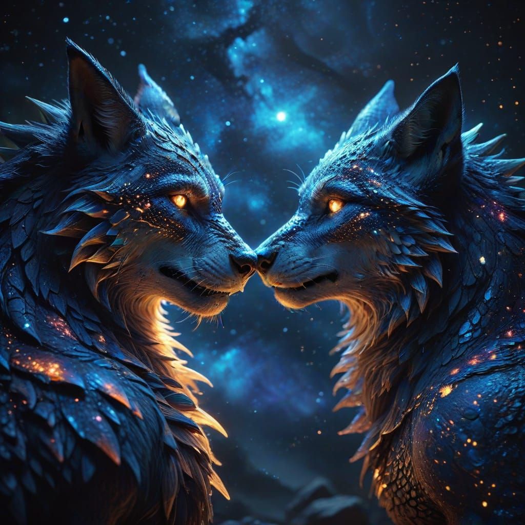Dragon and Wolf Unite Under the Starry Night Sky