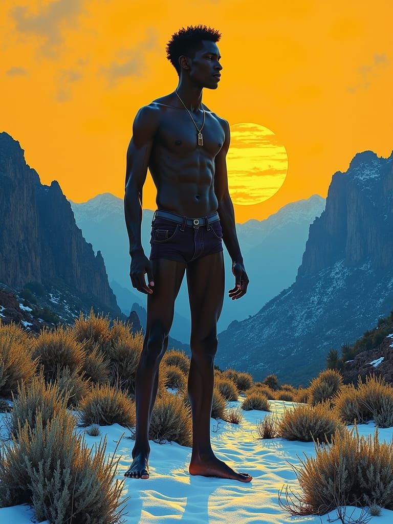 Swarthy Man in Alpine Landscape, Norman Lindsay Style