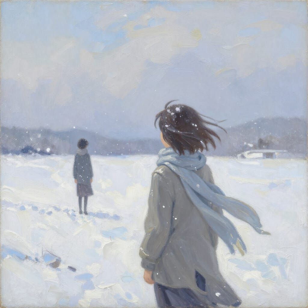 Quiet Snowy Landscape Oil Painting with Two Figures