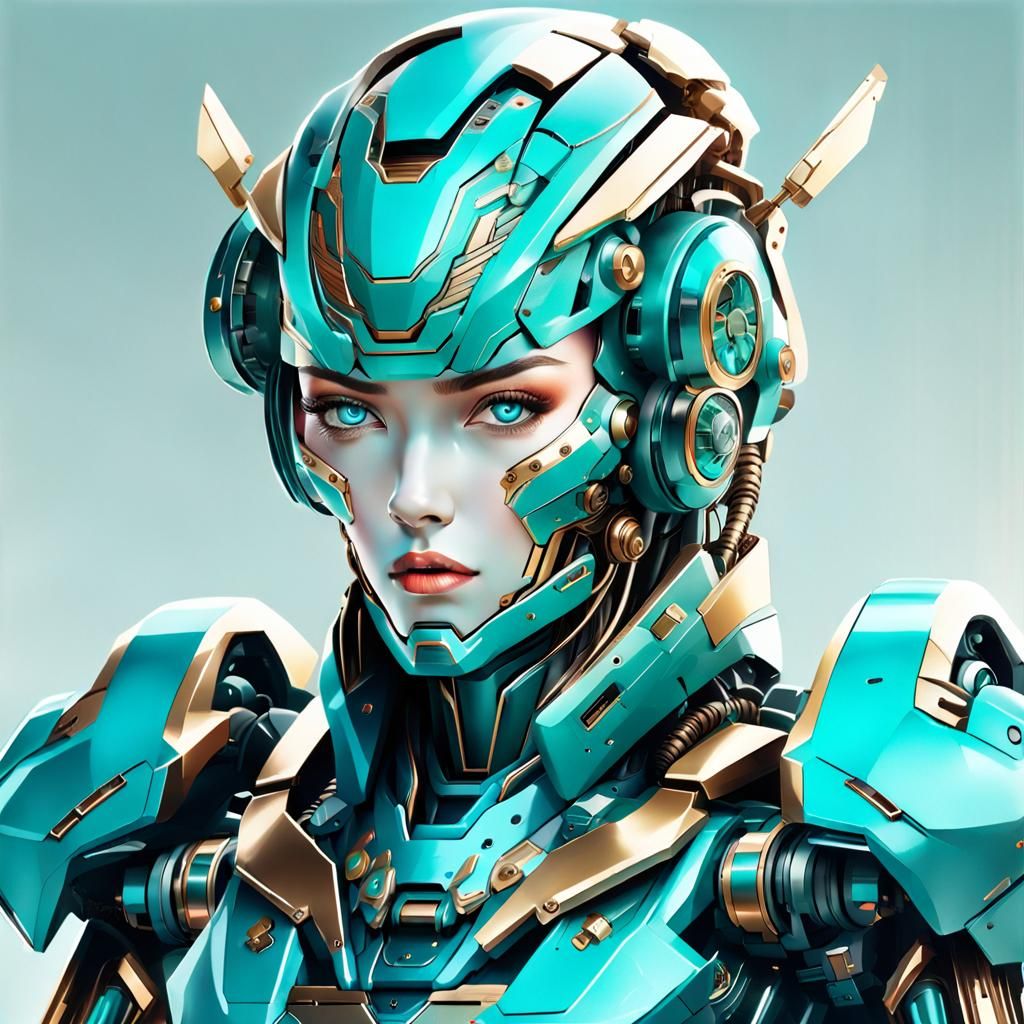Elegant Turquoise Female Mecha Fighting Robot Portrait