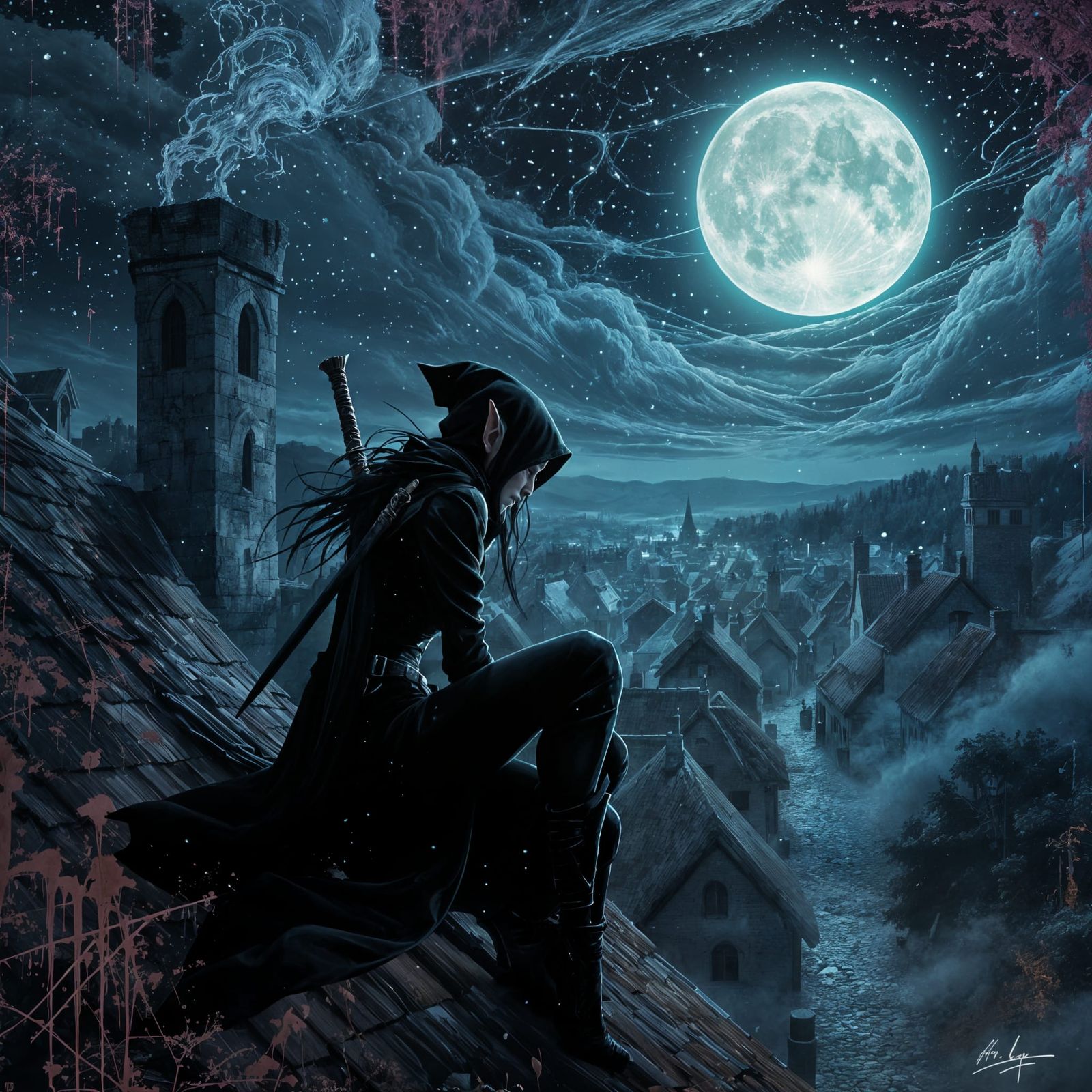Elven Rogue Watches Over Medieval City in Surreal Style