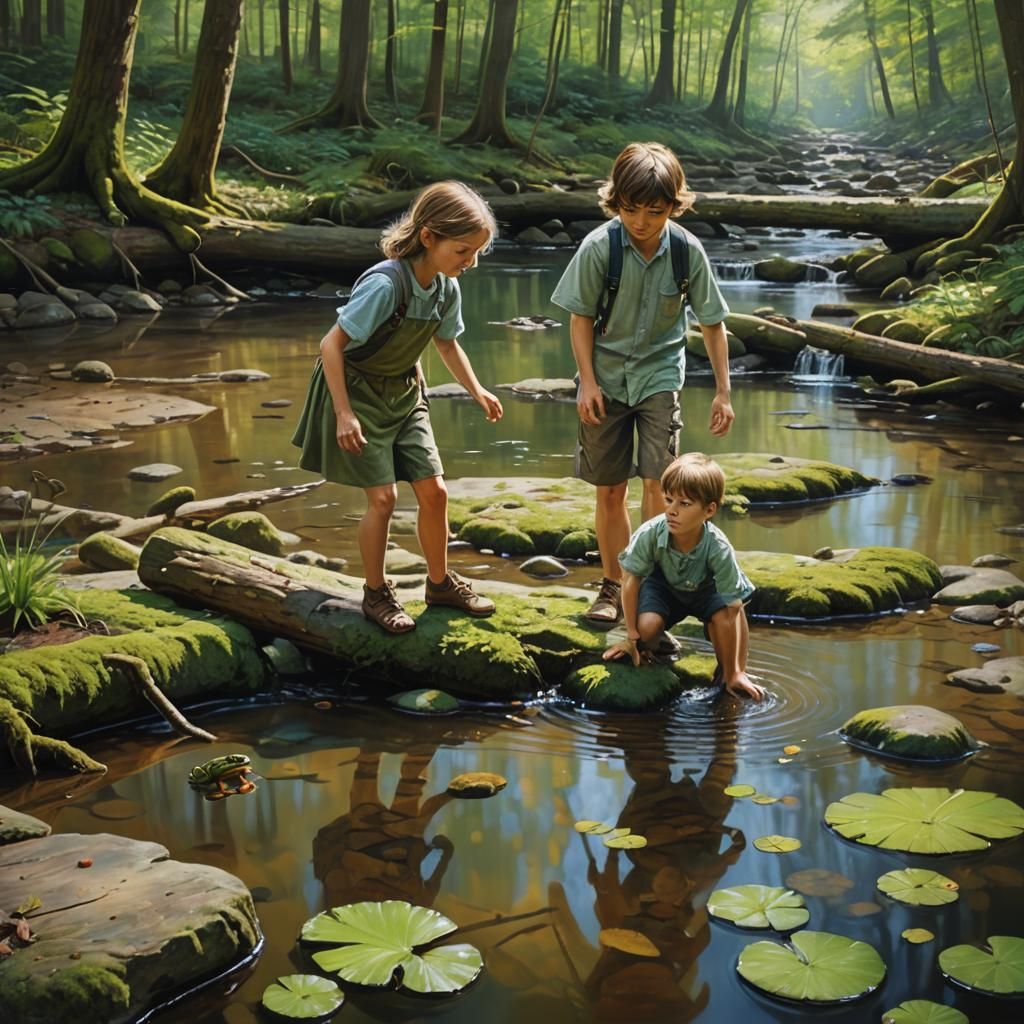 Children Play in Creek, Hyperrealistic Splash Art