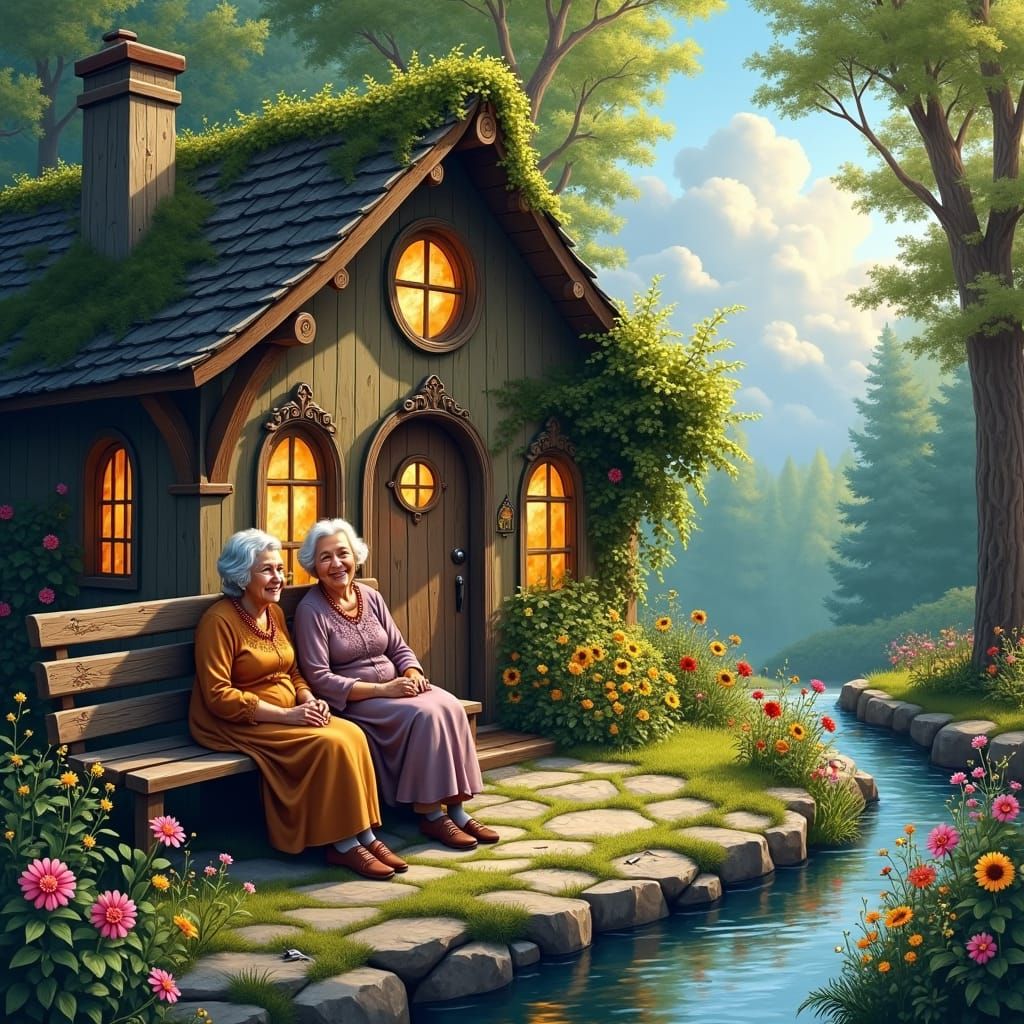 Elderly Women on Bench Outside Cozy Cottage