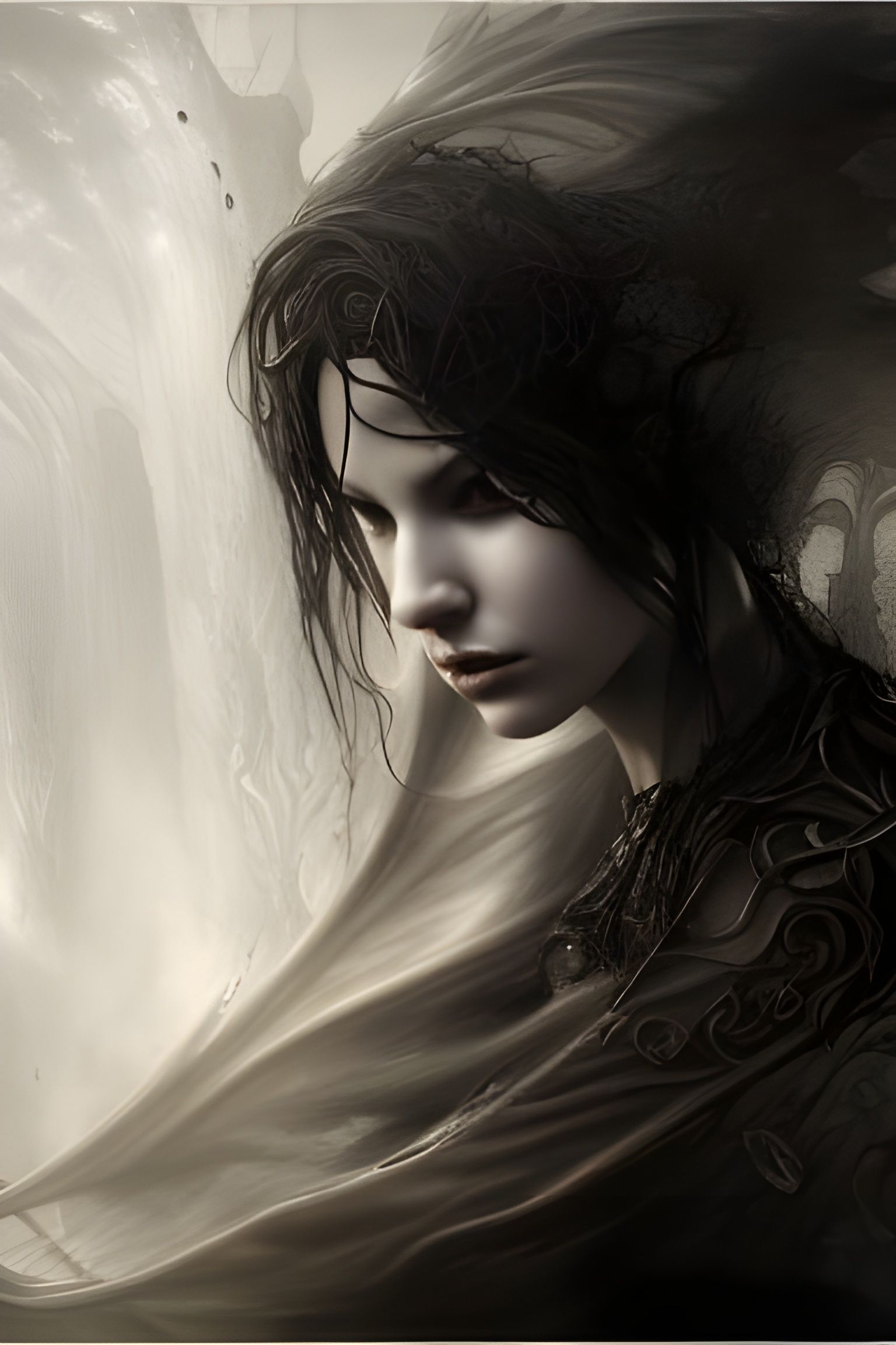 Intricate Portrait of Woman Hiding in Shadows